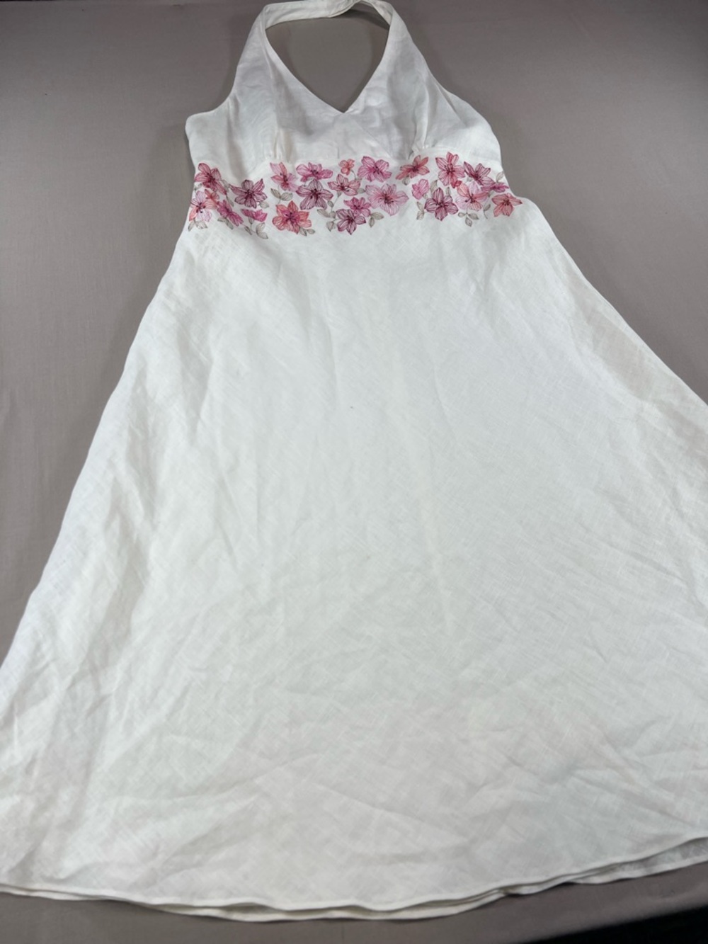 Ann Taylor Women’s Linen Halter Dress Pink Floral Embroidery Empire Waist Midi - Picture 6 of 16